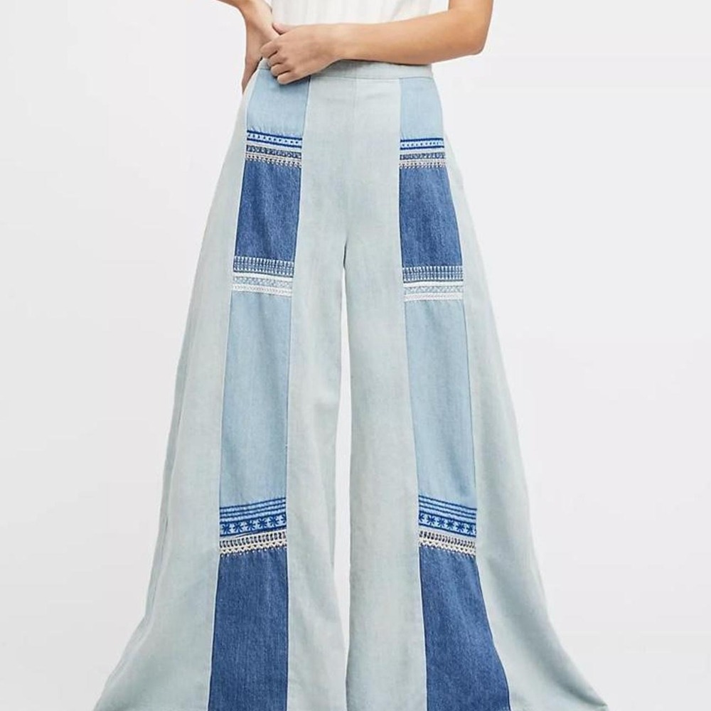 FREE PEOPLE blue denim patchwork pants - Picture 2 of 6